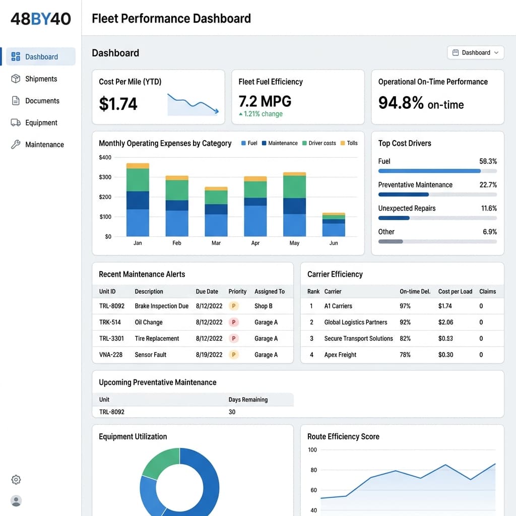 Cost-control dashboard — KPI line chart showing trending cost-per-asset, with maintenance vs depreciation comparison
