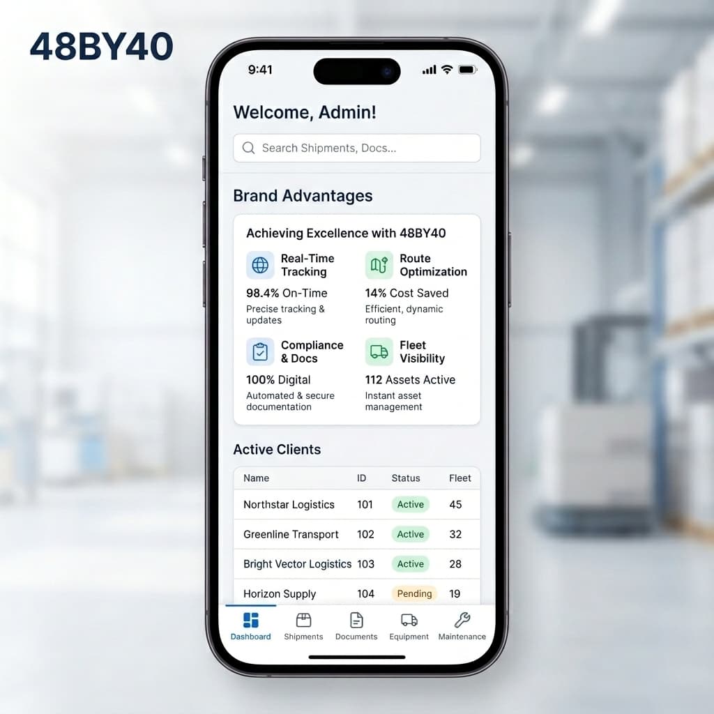Phone showing the 48BY40.io app surface in use — notification toast, asset card, and tab bar